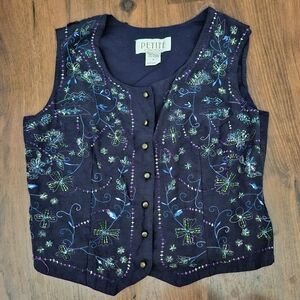 Vintage Petite Sophisticate Vest Navy Blue with Embroidery